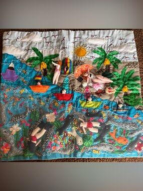 Handmade Tropical Beach Arpillera Patchwork - 3D Handmade Wall Art